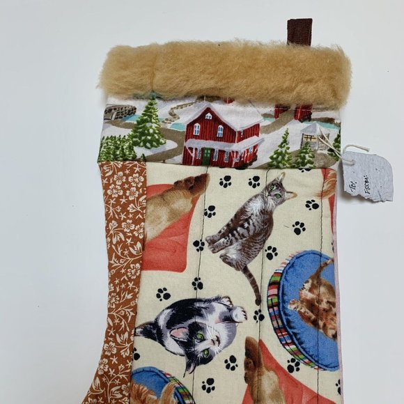 Christmas Stocking Kittens  Quilted Patchwork Fabric Cat   NEW 16” Handmade - Picture 2 of 4